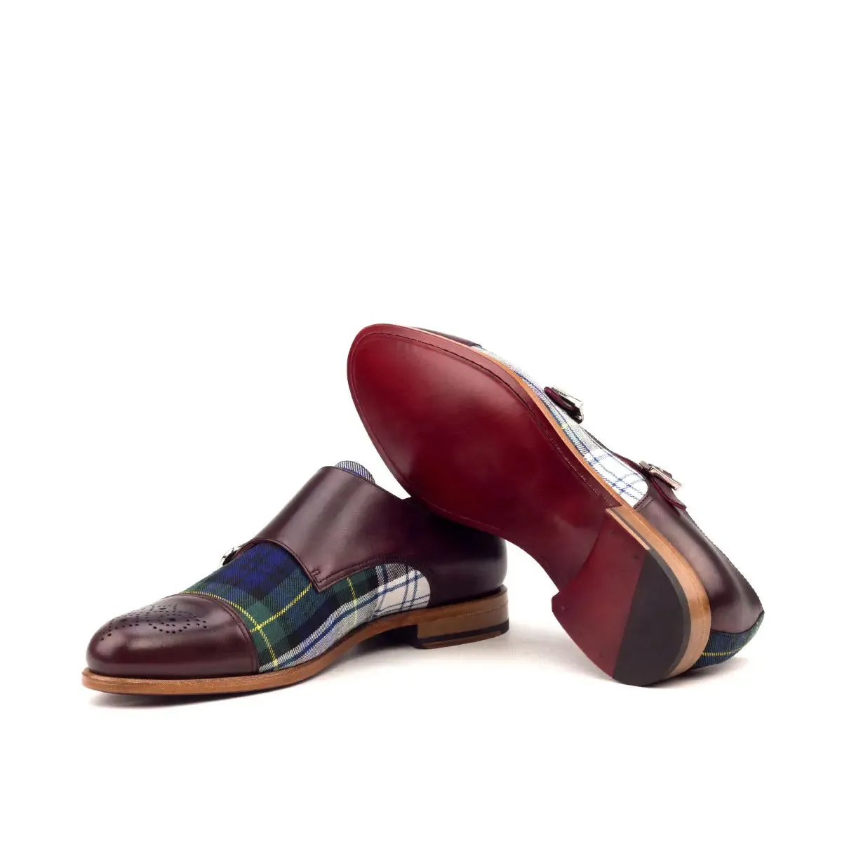 DapperFam Monaco in Tartan / Burgundy Men's Sartorial & Italian Leather Double Monk