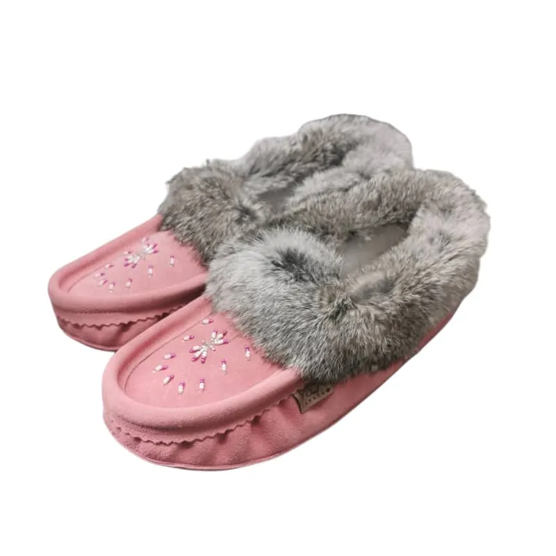 Eugene Cloutier Laurentian Chief Women's Orlon Beaded Slippers with Fur Trim and Padded Sole