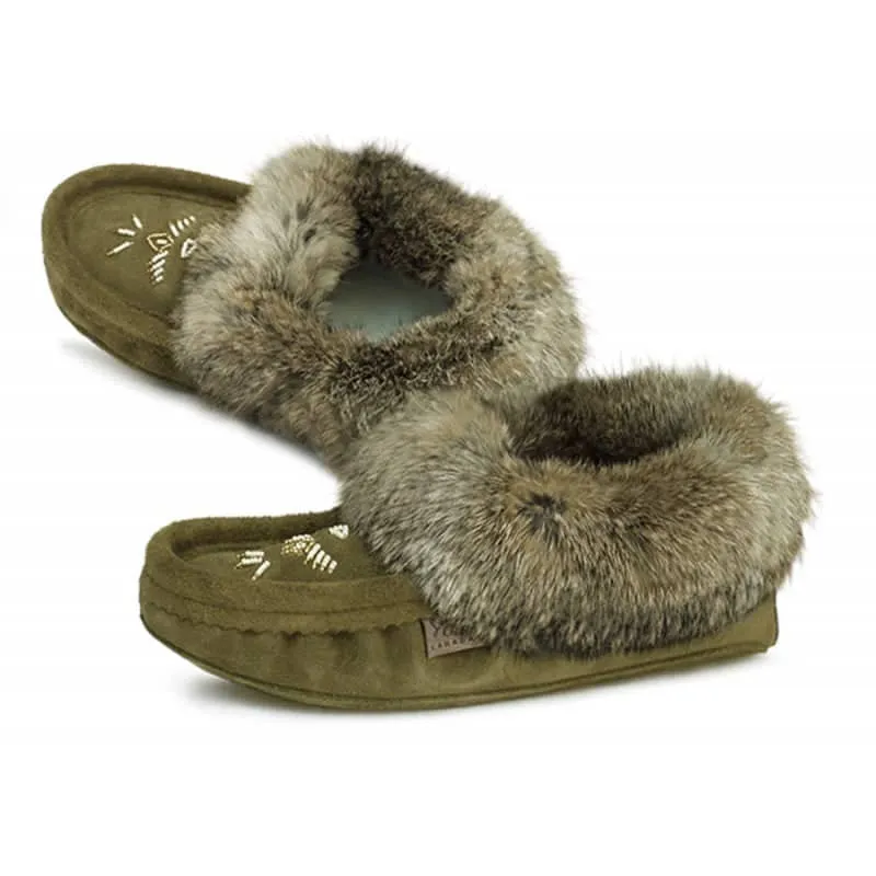 Eugene Cloutier Laurentian Chief Women's Orlon Beaded Slippers with Fur Trim and Padded Sole