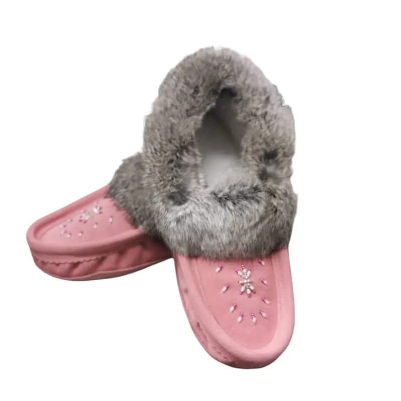 Eugene Cloutier Laurentian Chief Women's Orlon Beaded Slippers with Fur Trim and Padded Sole
