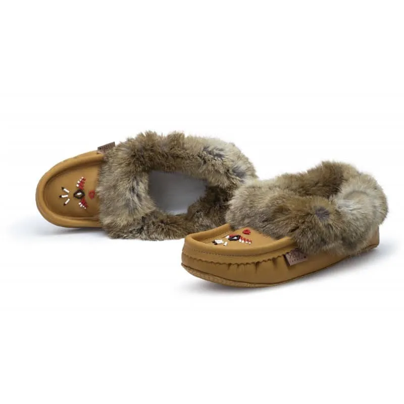 Eugene Cloutier Laurentian Chief Women's Orlon Beaded Slippers with Fur Trim and Padded Sole