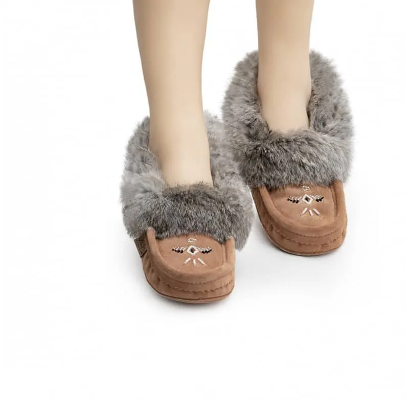 Eugene Cloutier Laurentian Chief Women's Orlon Beaded Slippers with Fur Trim and Padded Sole