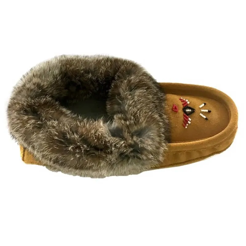 Eugene Cloutier Laurentian Chief Women's Orlon Beaded Slippers with Fur Trim and Padded Sole