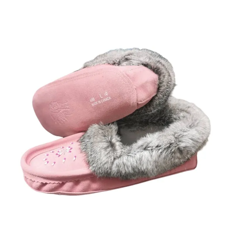 Eugene Cloutier Laurentian Chief Women's Orlon Beaded Slippers with Fur Trim and Padded Sole