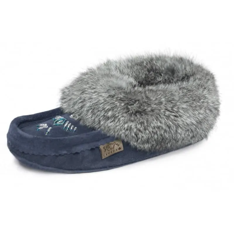 Eugene Cloutier Laurentian Chief Women's Orlon Beaded Slippers with Fur Trim and Padded Sole