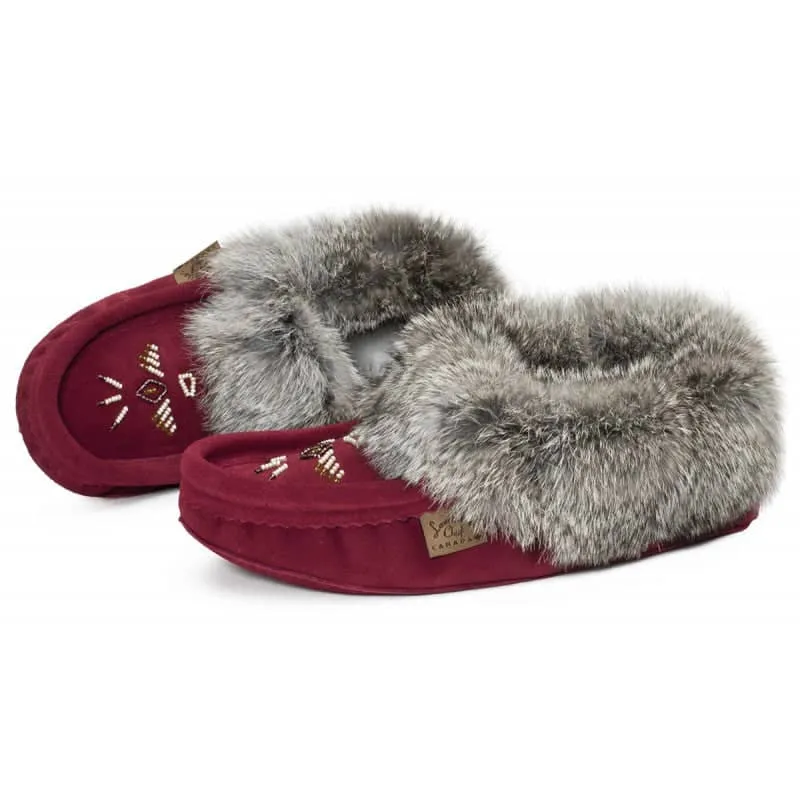 Eugene Cloutier Laurentian Chief Women's Orlon Beaded Slippers with Fur Trim and Padded Sole