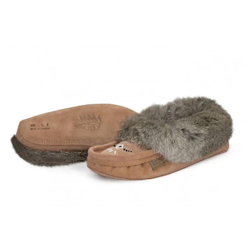 Eugene Cloutier Laurentian Chief Women's Orlon Beaded Slippers with Fur Trim and Padded Sole