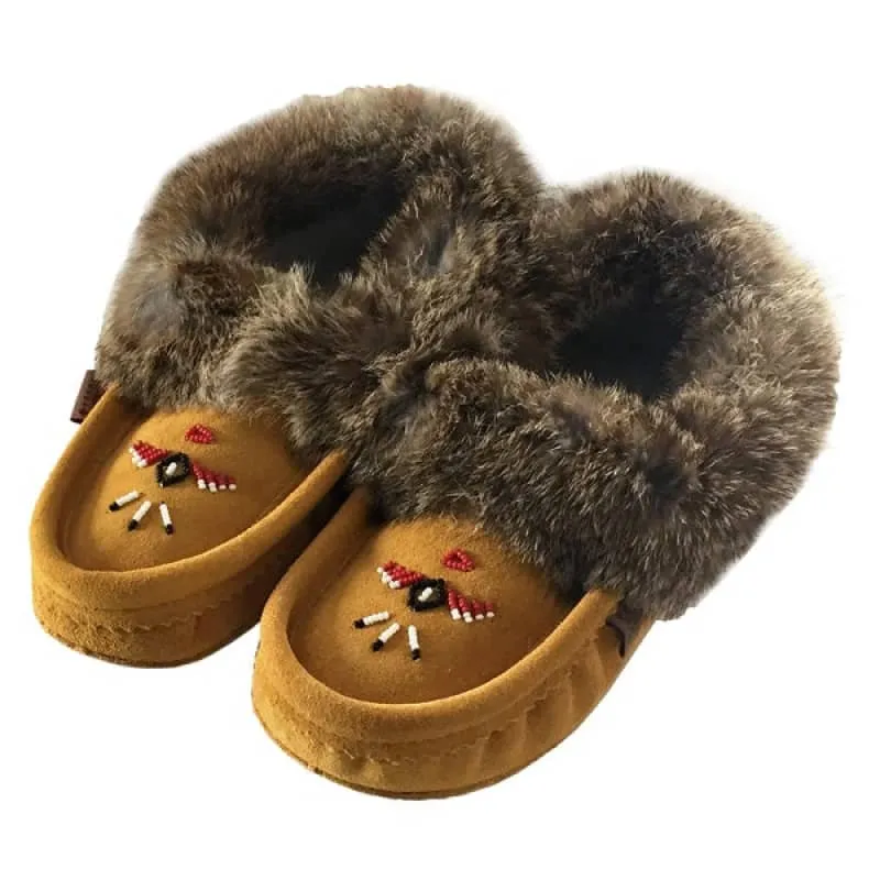 Eugene Cloutier Laurentian Chief Women's Orlon Beaded Slippers with Fur Trim and Padded Sole