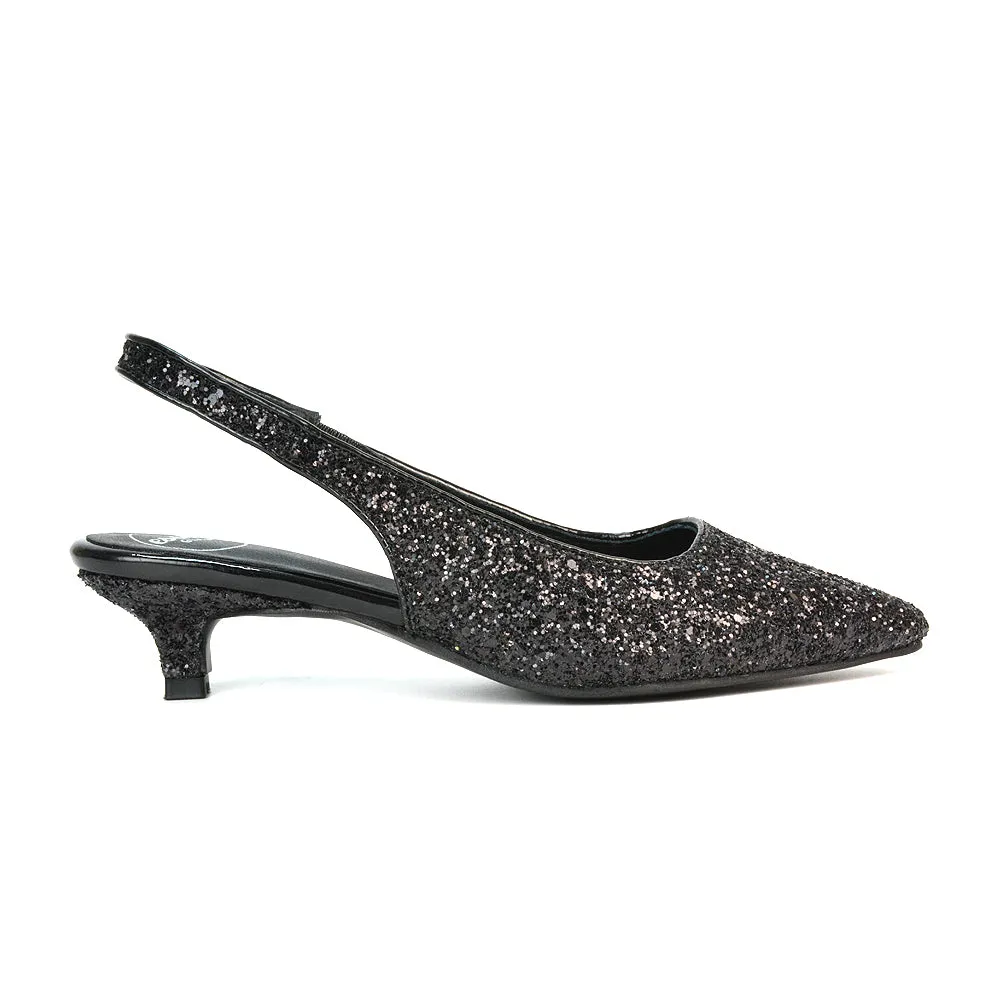 Gerri Pointed Toe Glitter Slingback Kitten Heel Court Shoes in Black Glitter