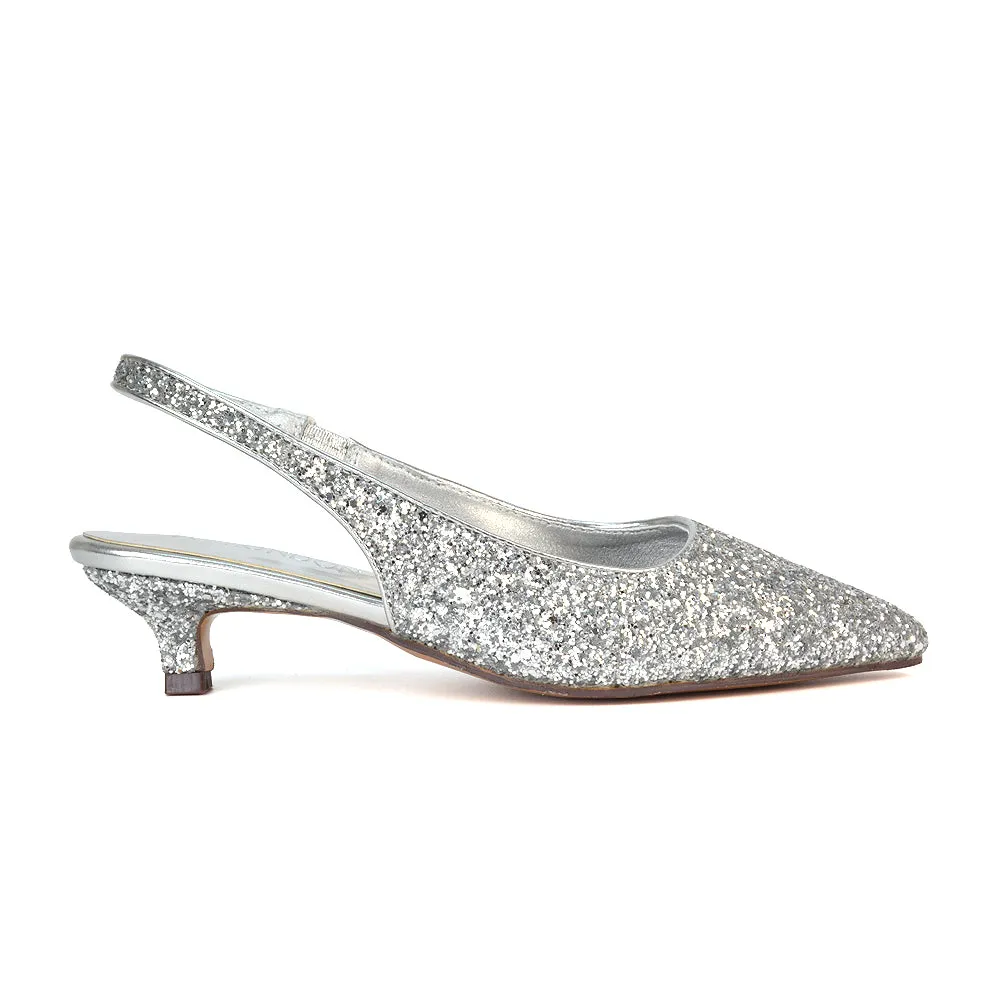 Gerri Pointed Toe Glitter Slingback Kitten Heel Court Shoes in Black Glitter