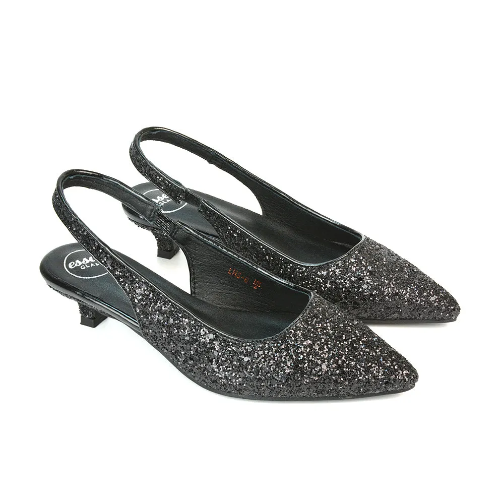Gerri Pointed Toe Glitter Slingback Kitten Heel Court Shoes in Black Glitter
