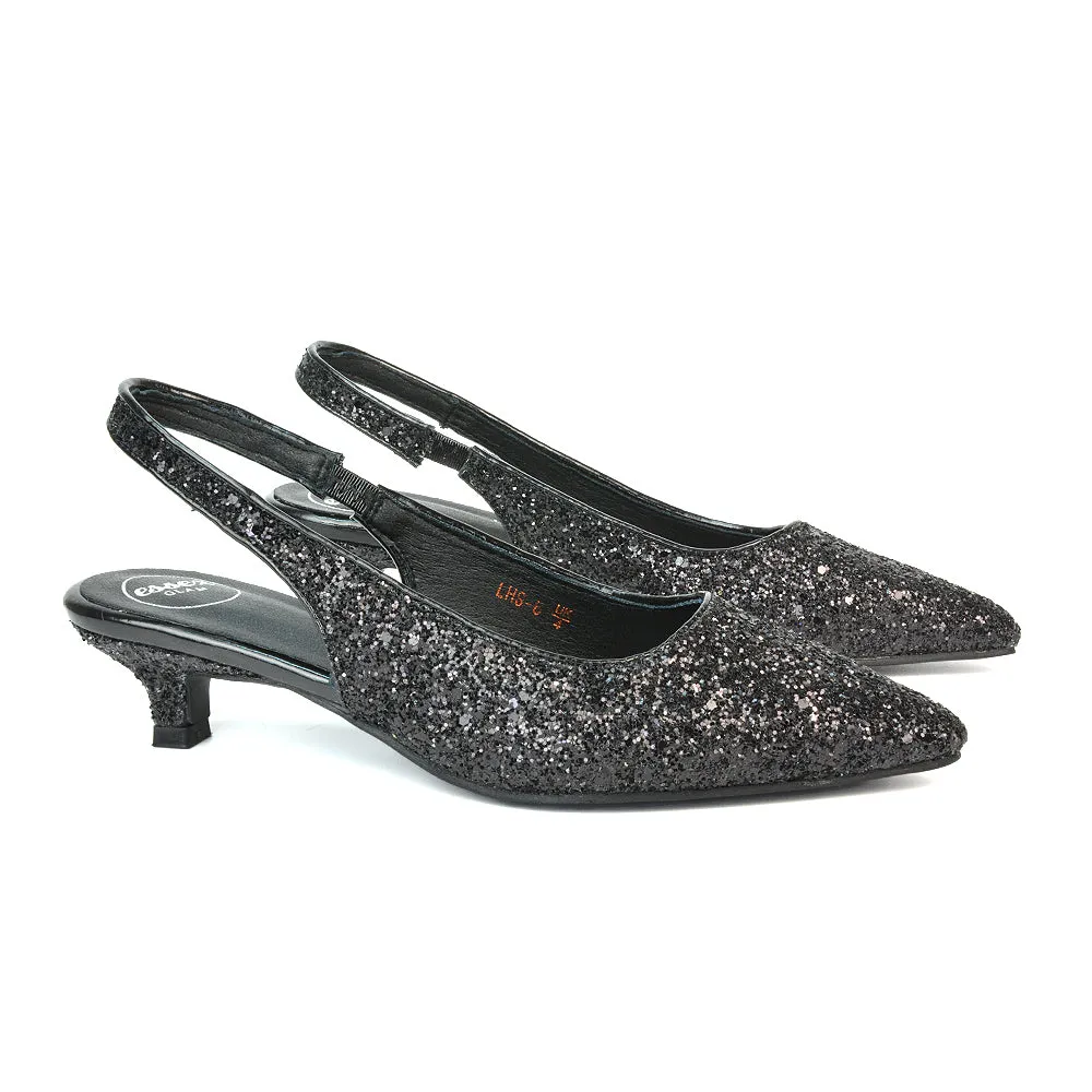 Gerri Pointed Toe Glitter Slingback Kitten Heel Court Shoes in Black Glitter