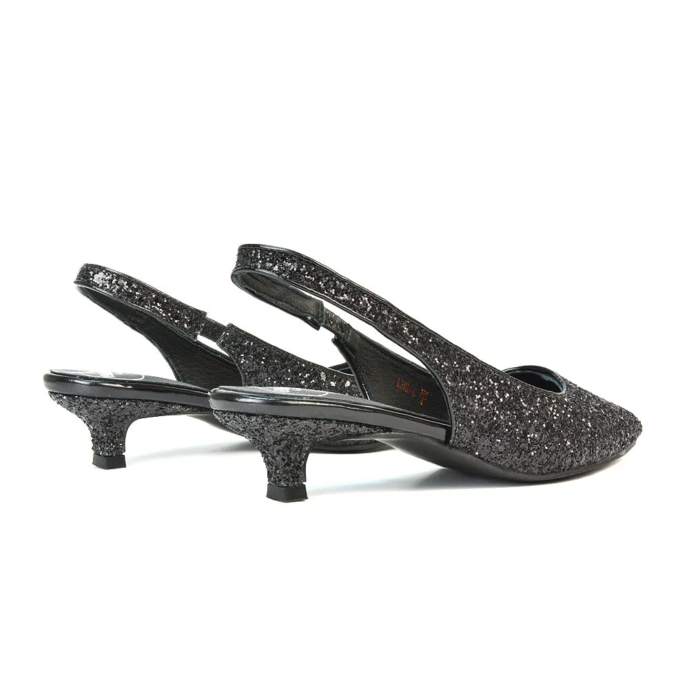 Gerri Pointed Toe Glitter Slingback Kitten Heel Court Shoes in Black Glitter