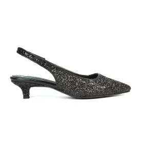 Gerri Pointed Toe Glitter Slingback Kitten Heel Court Shoes in Black Glitter