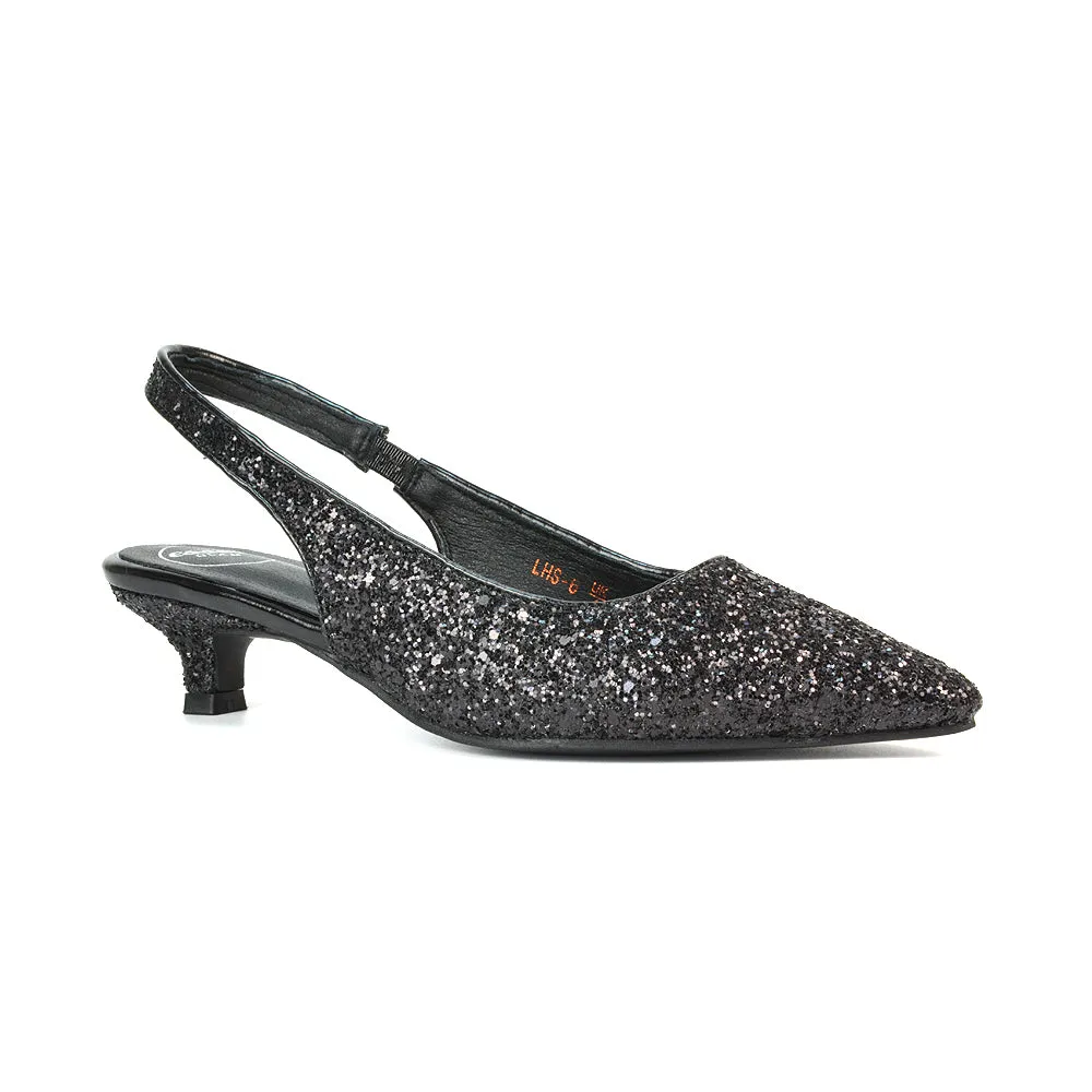 Gerri Pointed Toe Glitter Slingback Kitten Heel Court Shoes in Black Glitter
