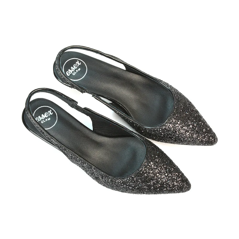Gerri Pointed Toe Glitter Slingback Kitten Heel Court Shoes in Black Glitter