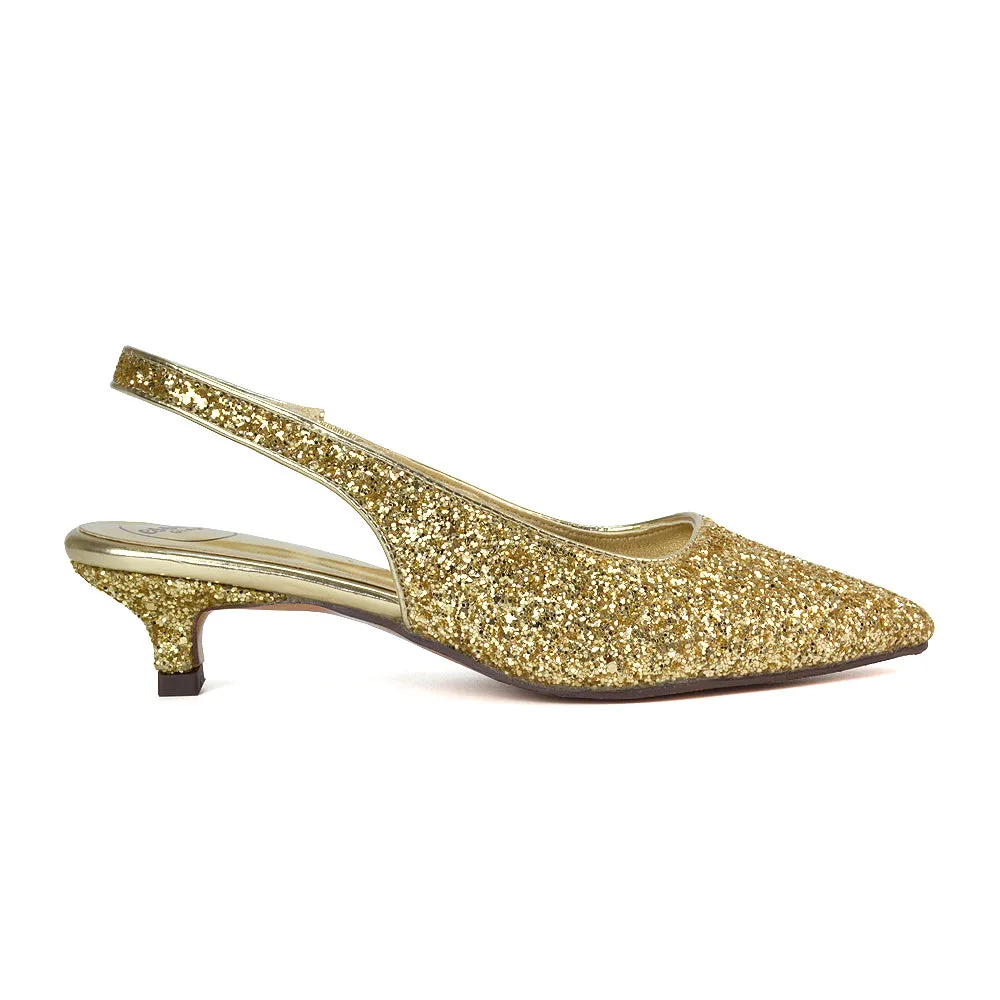 Gerri Pointed Toe Glitter Slingback Kitten Heel Court Shoes in Black Glitter